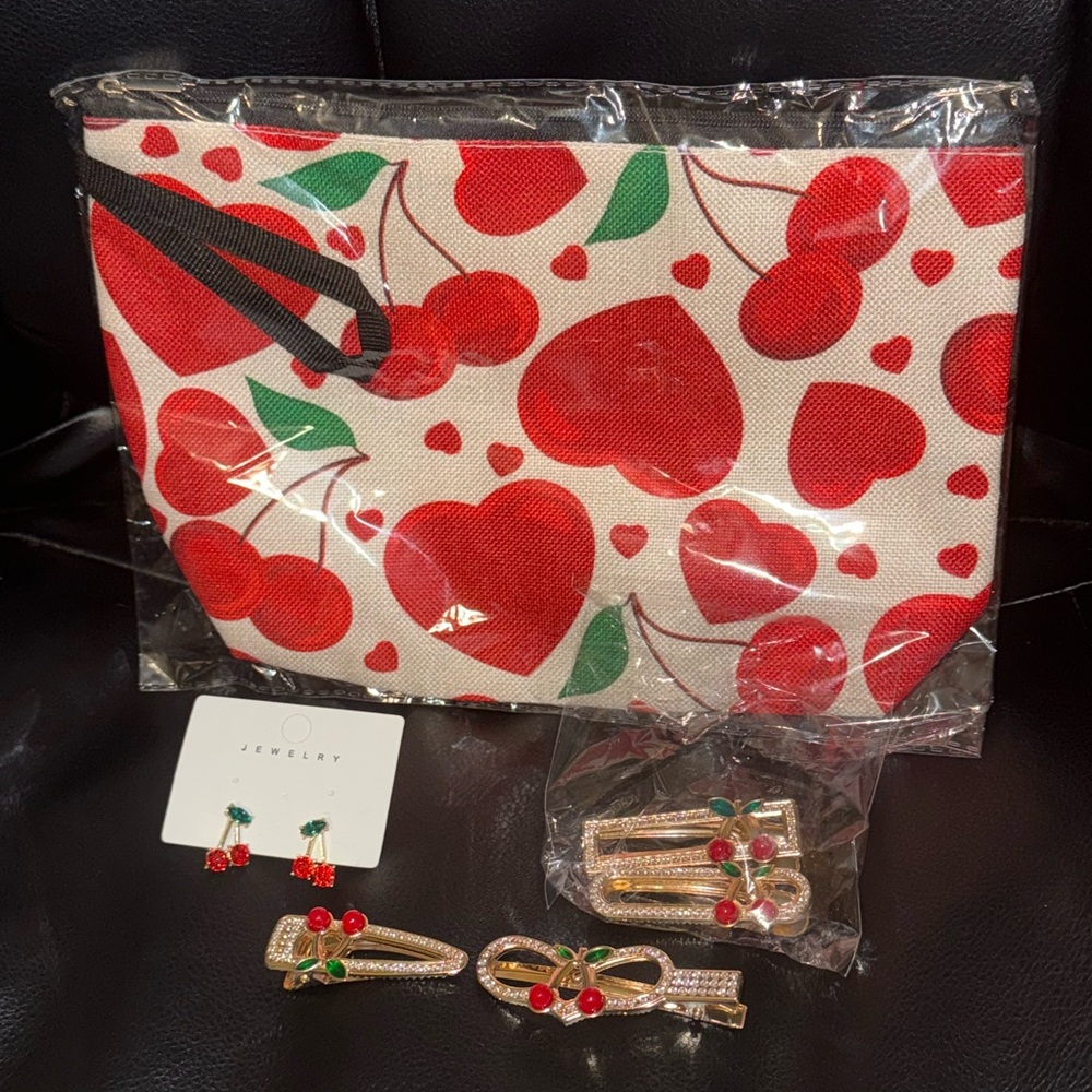 Cherry Lover Bundle 🍒 Cosmetic Bag + Hair Clips + Earrings
